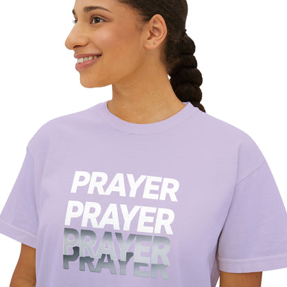 Prayer Boxy Tee — Women's Spiritual Graphic Top (Prayer Repeated Design)