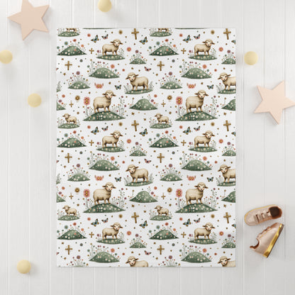 Baby Blanket — Pastoral Lamb Pattern Soft Fleece for Newborns & Baptism Gifts