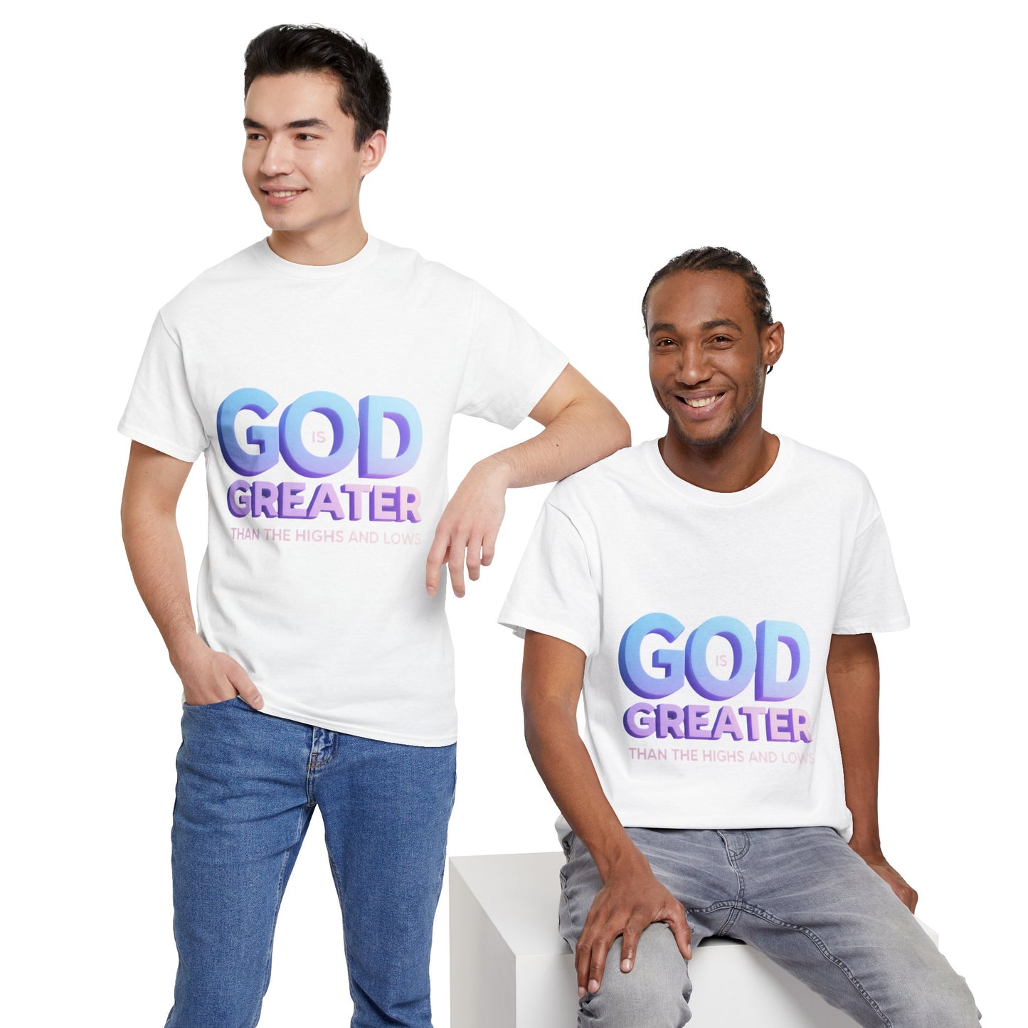 God Greater Gradient Tee — Soft Blue & Lilac Faith Shirt