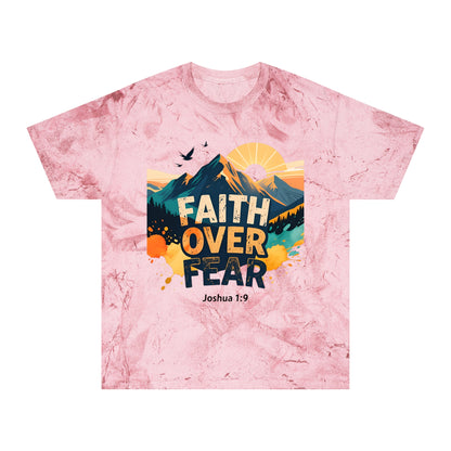 Faith Over Fear Color-Blast T-Shirt — Joshua 1:9 Retro Sunrise