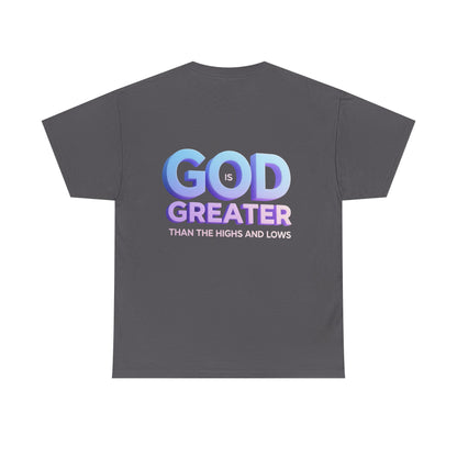 God Greater Gradient Tee — Soft Blue & Lilac Faith Shirt
