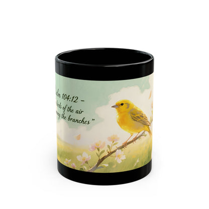 Yellow Songbird on Branch Mug | Black Coffee Cup with Floral Illustration