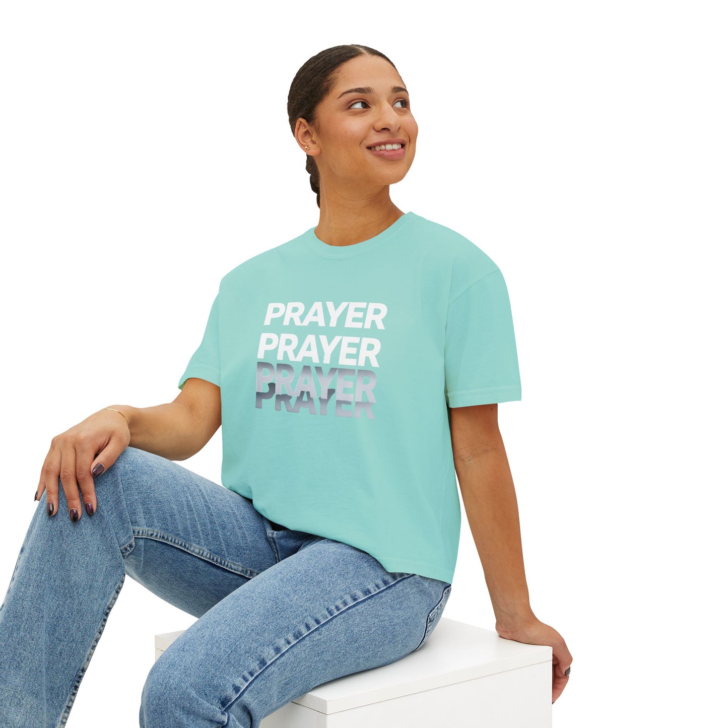 Prayer Boxy Tee — Women's Spiritual Graphic Top (Prayer Repeated Design)