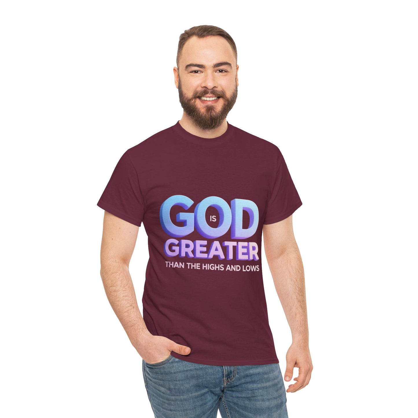 God Greater Gradient Tee — Soft Blue & Lilac Faith Shirt