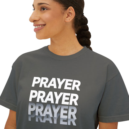 Prayer Boxy Tee — Women's Spiritual Graphic Top (Prayer Repeated Design)