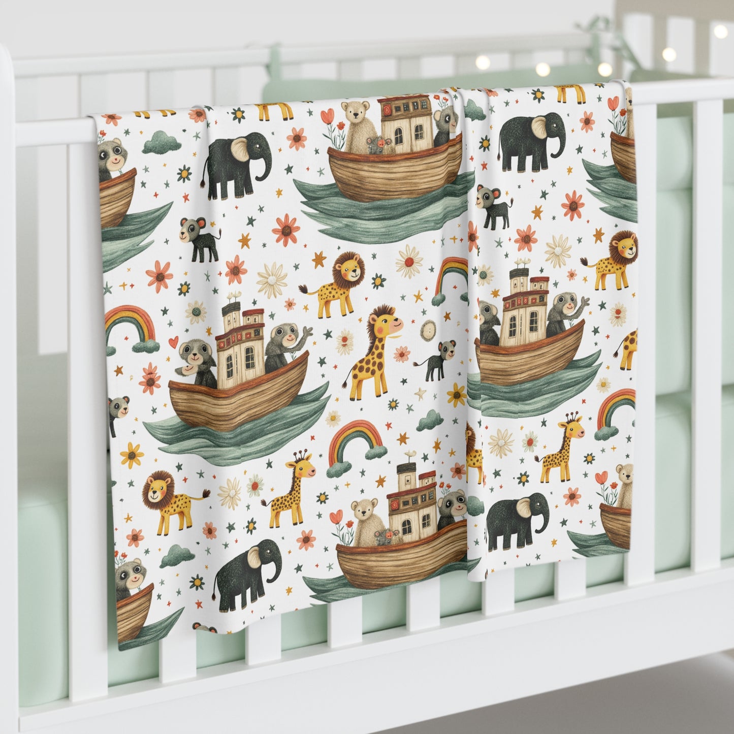 Noah's Ark Baby Swaddle Blanket – Cute Safari Animals, Rainbows & Stars Newborn Wrap