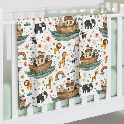 Noah's Ark Baby Swaddle Blanket – Cute Safari Animals, Rainbows & Stars Newborn Wrap