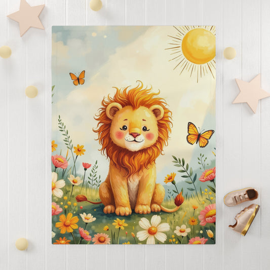 Cute Lion Baby Blanket — Soft Fleece Nursery Throw with Sun & Butterflies