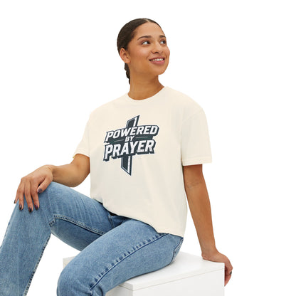 Powered by Prayer Boxy Tee — Women's Christian Graphic Shirt