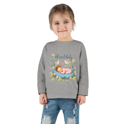 Blessed Baby Toddler Long Sleeve Tee — Cute Sleeping Newborn Floral Design
