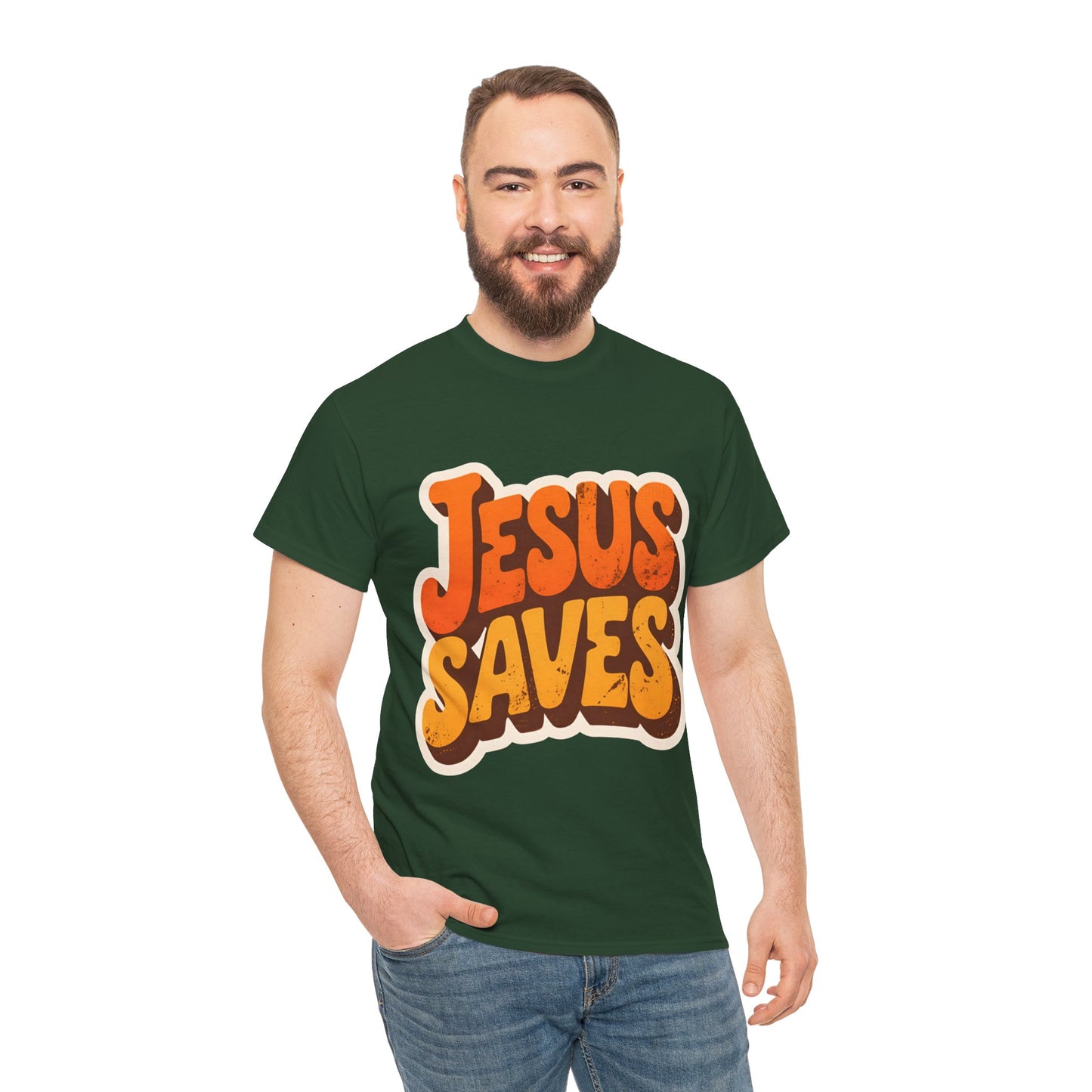 Jesus Saves Retro Tee — Bright Sunset Faith T-Shirt