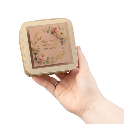 Pink Floral Jewelry Travel Case – Compact Organizer with Ring Rolls & Compartments (She is Strong with Courage and Dignity)