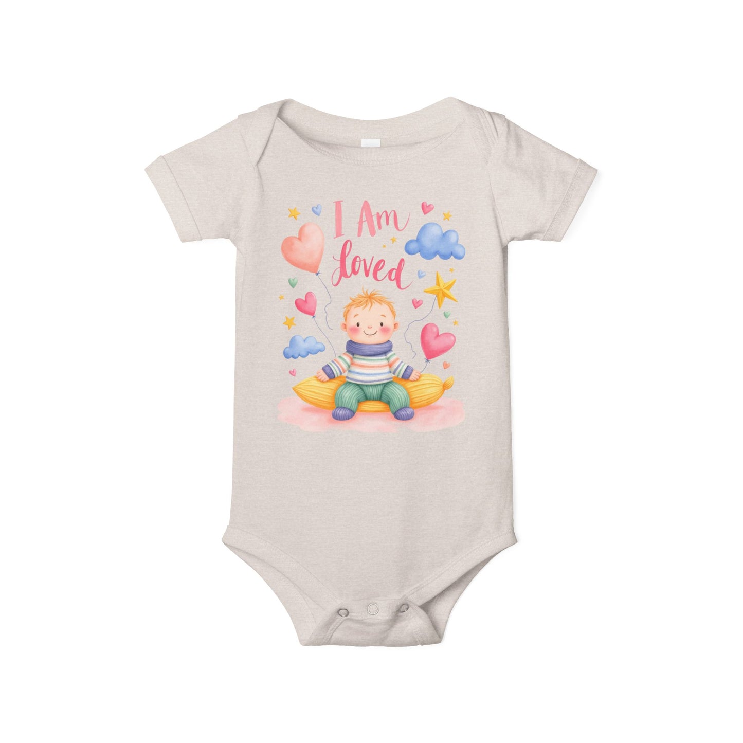 “I Am Loved” Baby Onesie – Cute Infant Bodysuit with Heart & Cloud Illustration