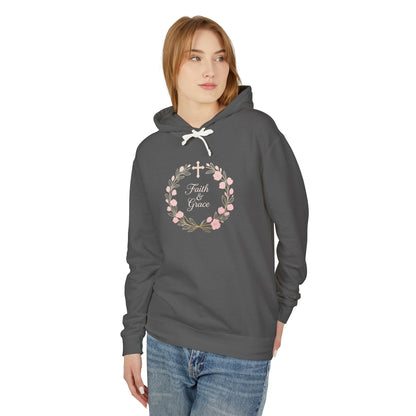 Faith & Grace Blush Rose Hoodie — Lightweight Floral Cross Pullover