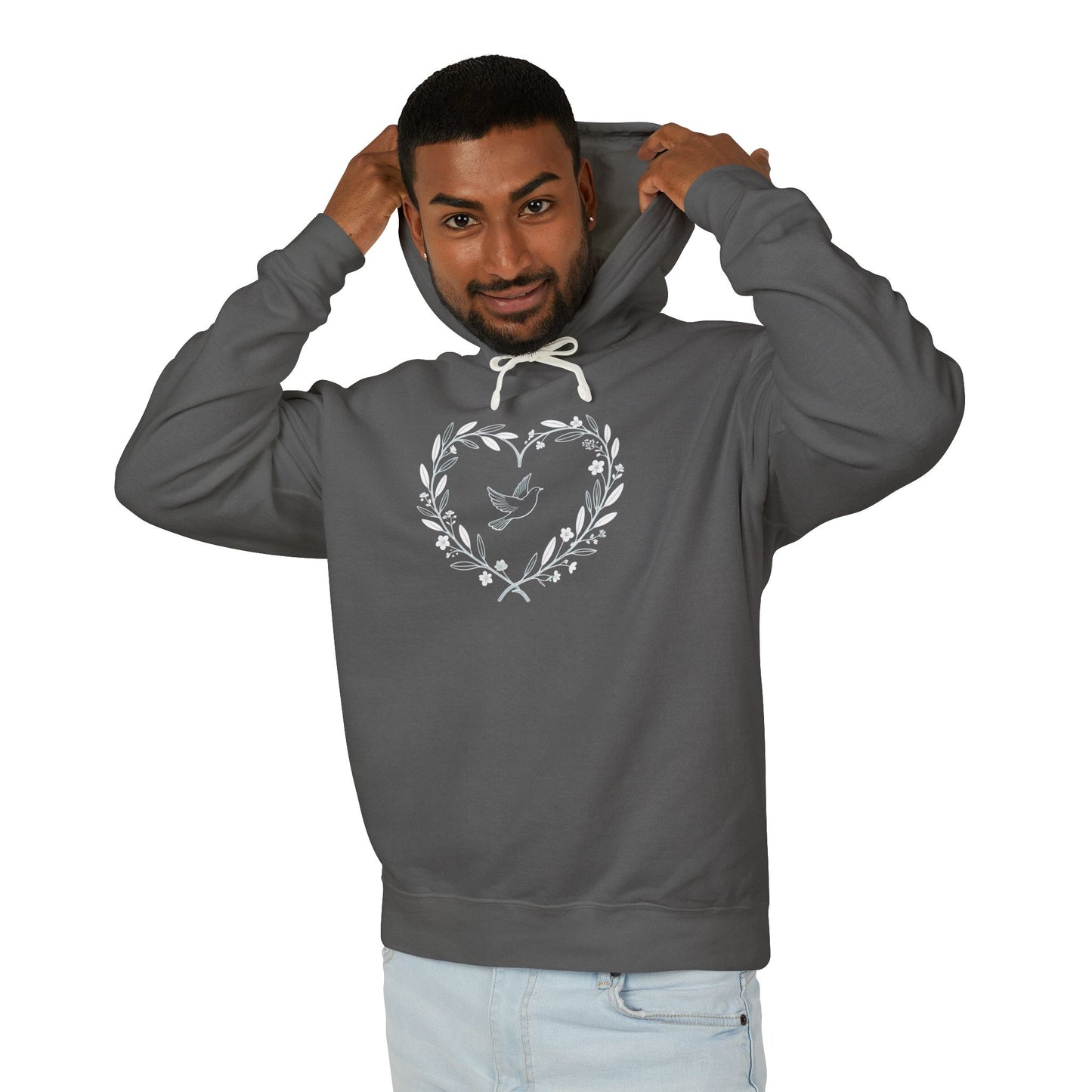 Lightweight Dove-in-Wreath Hoodie — Charcoal Comfort