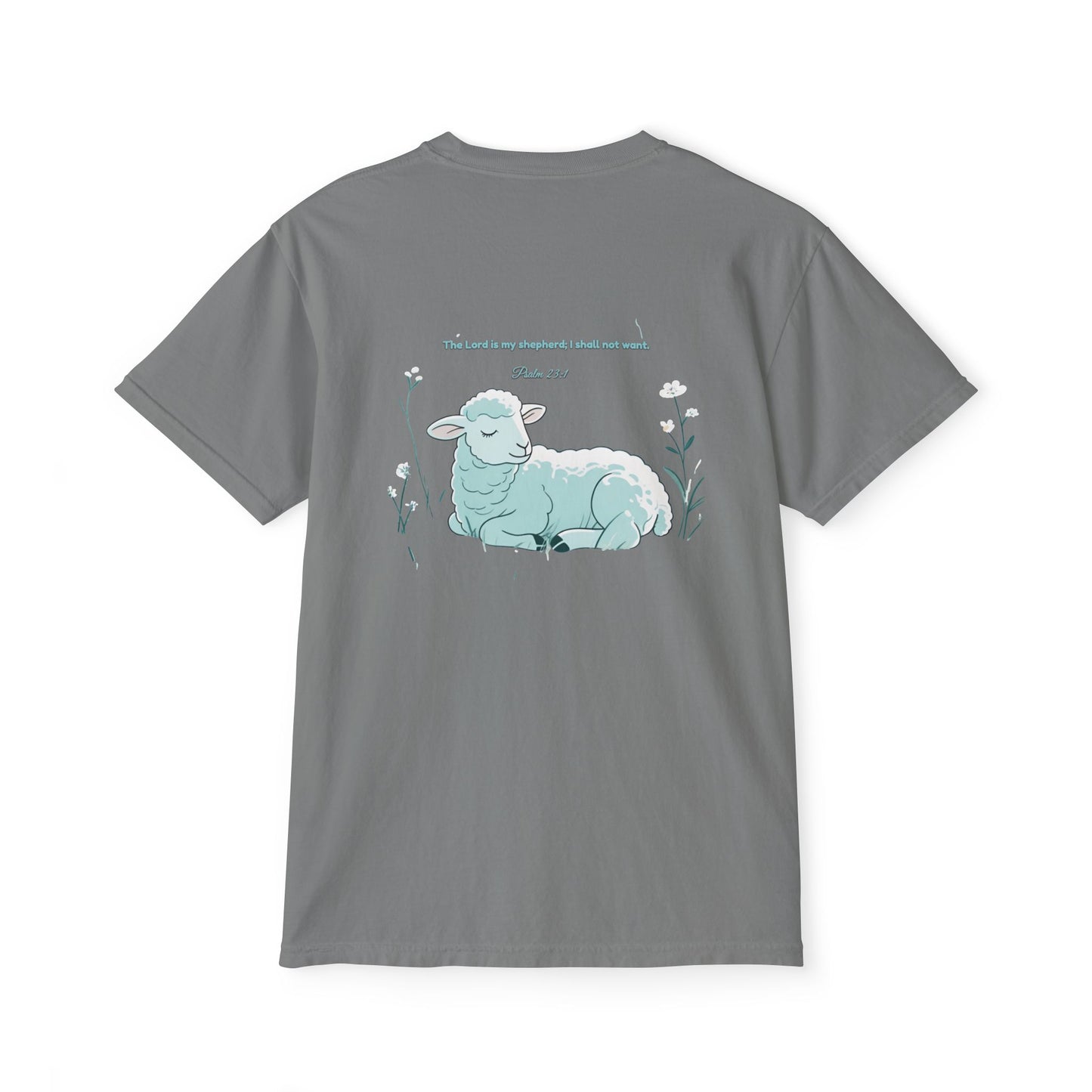 Lamb Rest Pocket T‑Shirt — Vintage Seafoam Pocket Tee with Script Verse