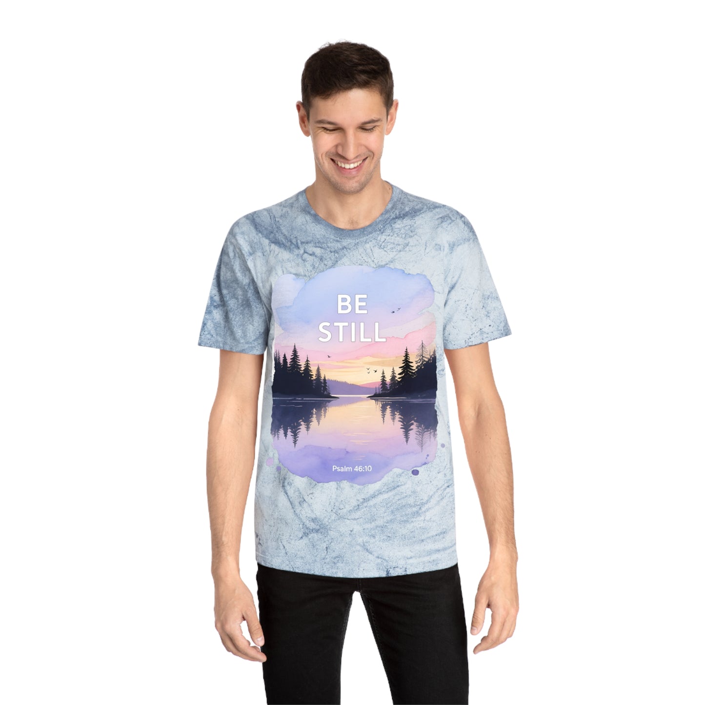 Be Still Scenic T-Shirt — Psalm 46:10 Sunset Lake Tee