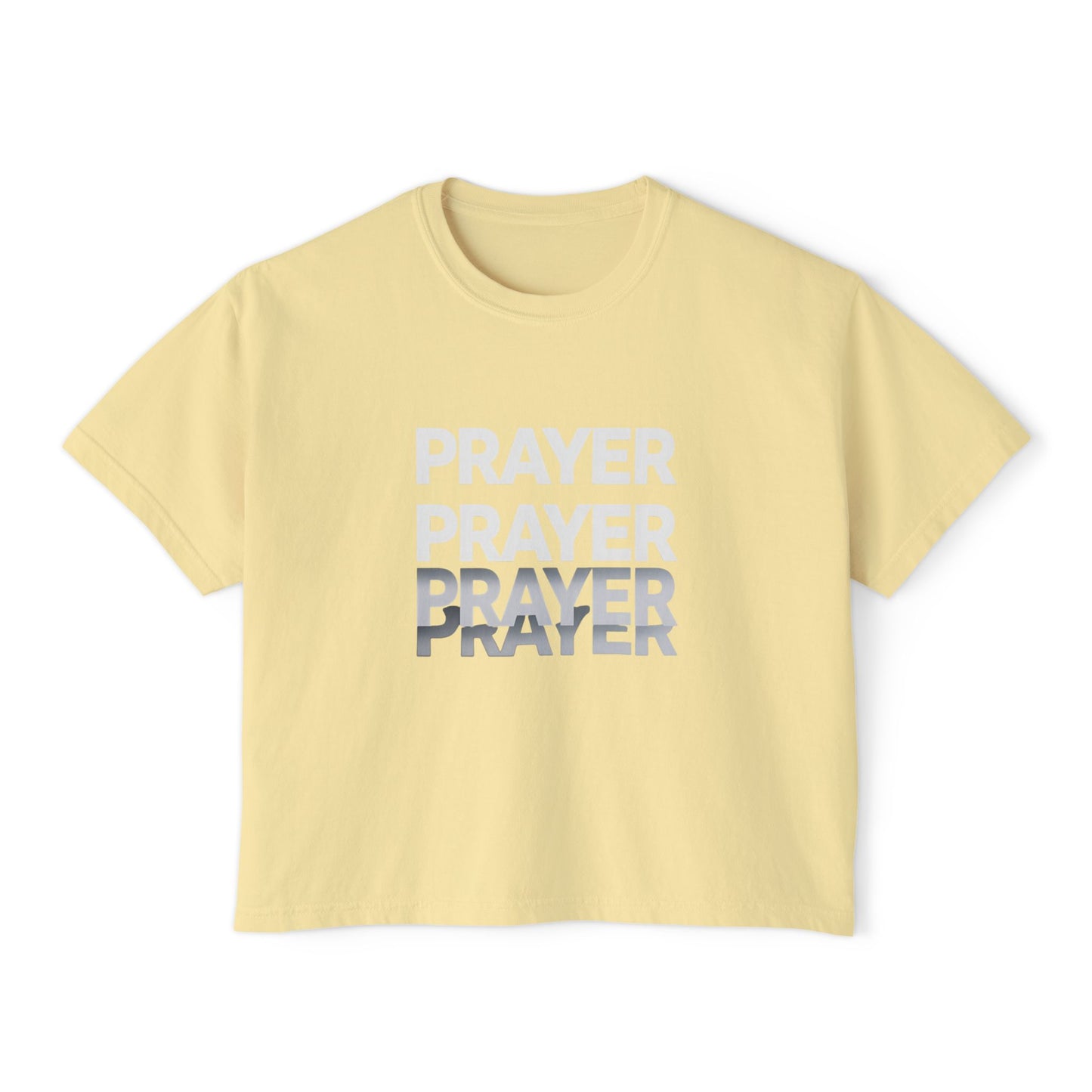Prayer Boxy Tee — Women's Spiritual Graphic Top (Prayer Repeated Design)