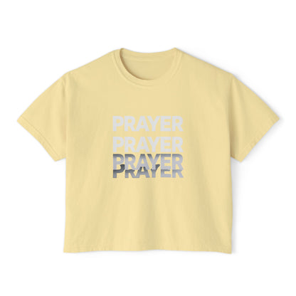 Prayer Boxy Tee — Women's Spiritual Graphic Top (Prayer Repeated Design)