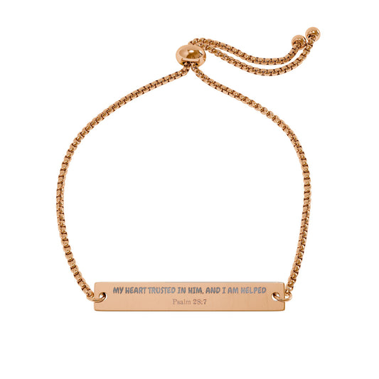 Psalm 28:7 My Heart Trusted In Him Engraved Bar Bracelet – Adjustable Gold & Rose Gold Nameplate