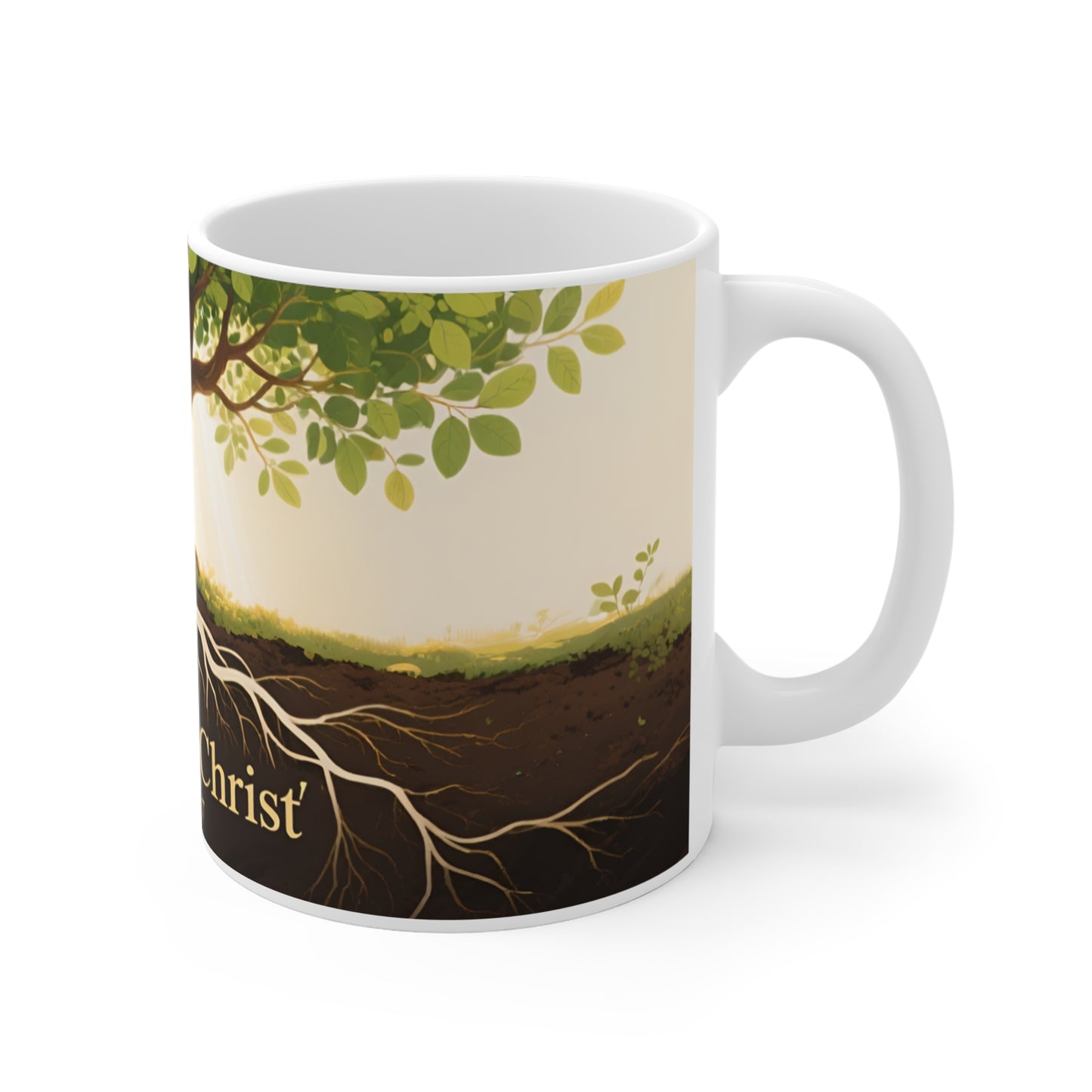 Rooted in Christ Mug — Christian Coffee Mug with Tree and Colossians 2:7 Scripture