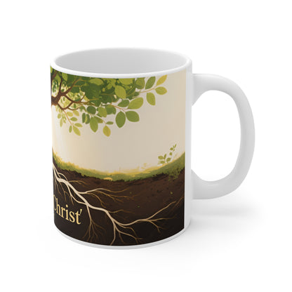 Rooted in Christ Mug — Christian Coffee Mug with Tree and Colossians 2:7 Scripture