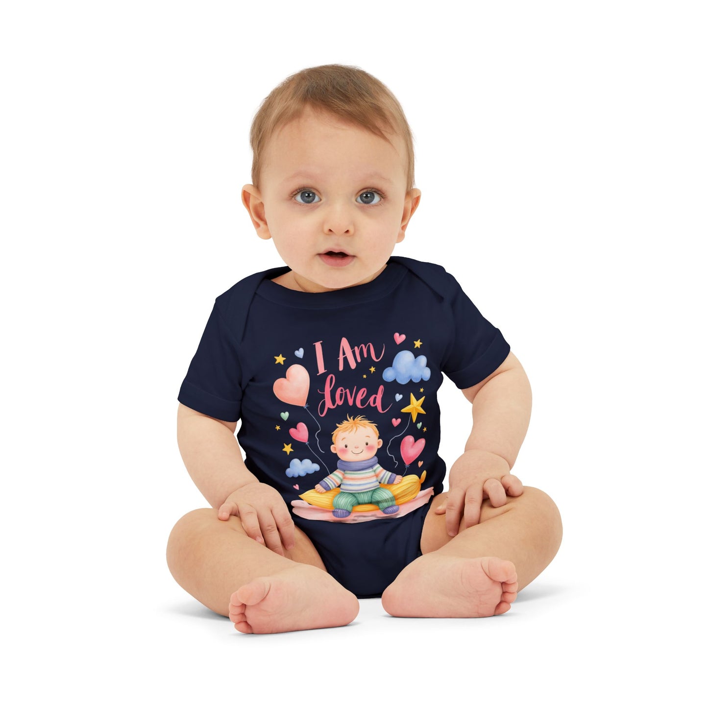 “I Am Loved” Baby Onesie – Cute Infant Bodysuit with Heart & Cloud Illustration