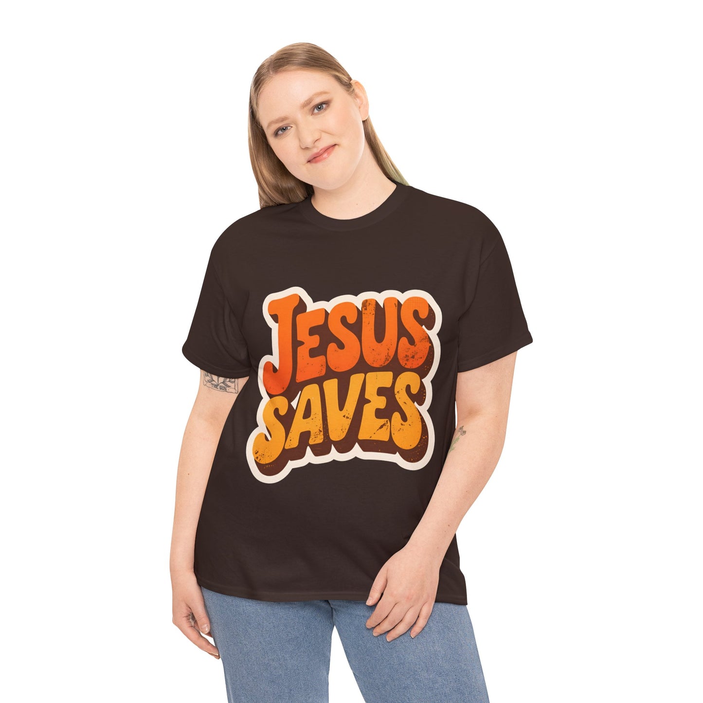 Jesus Saves Retro Tee — Bright Sunset Faith T-Shirt