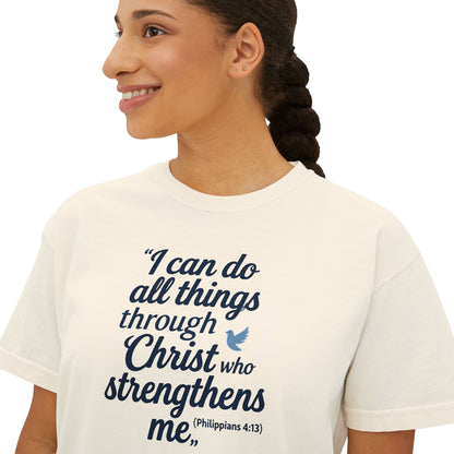 Christian Graphic Boxy Tee — "I Can Do All Things Through Christ" Inspirational Women’s T‑Shirt