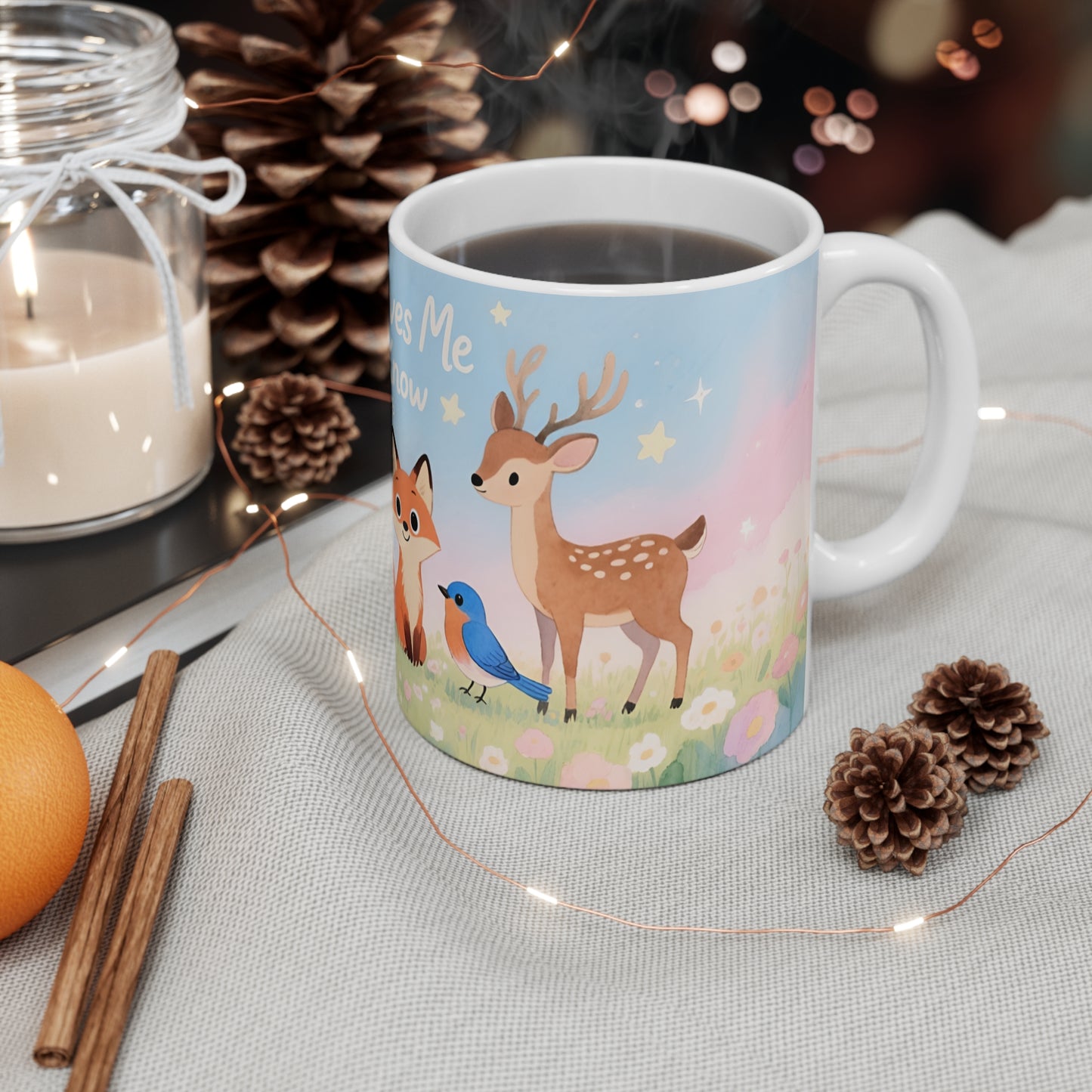 Jesus Loves Me 11oz Mug — Watercolor Animals Nursery Faith Coffee Cup