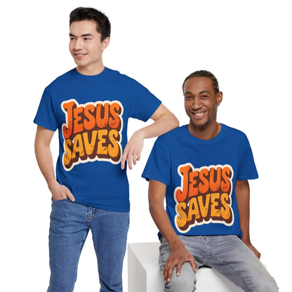 Jesus Saves Retro Tee — Bright Sunset Faith T-Shirt