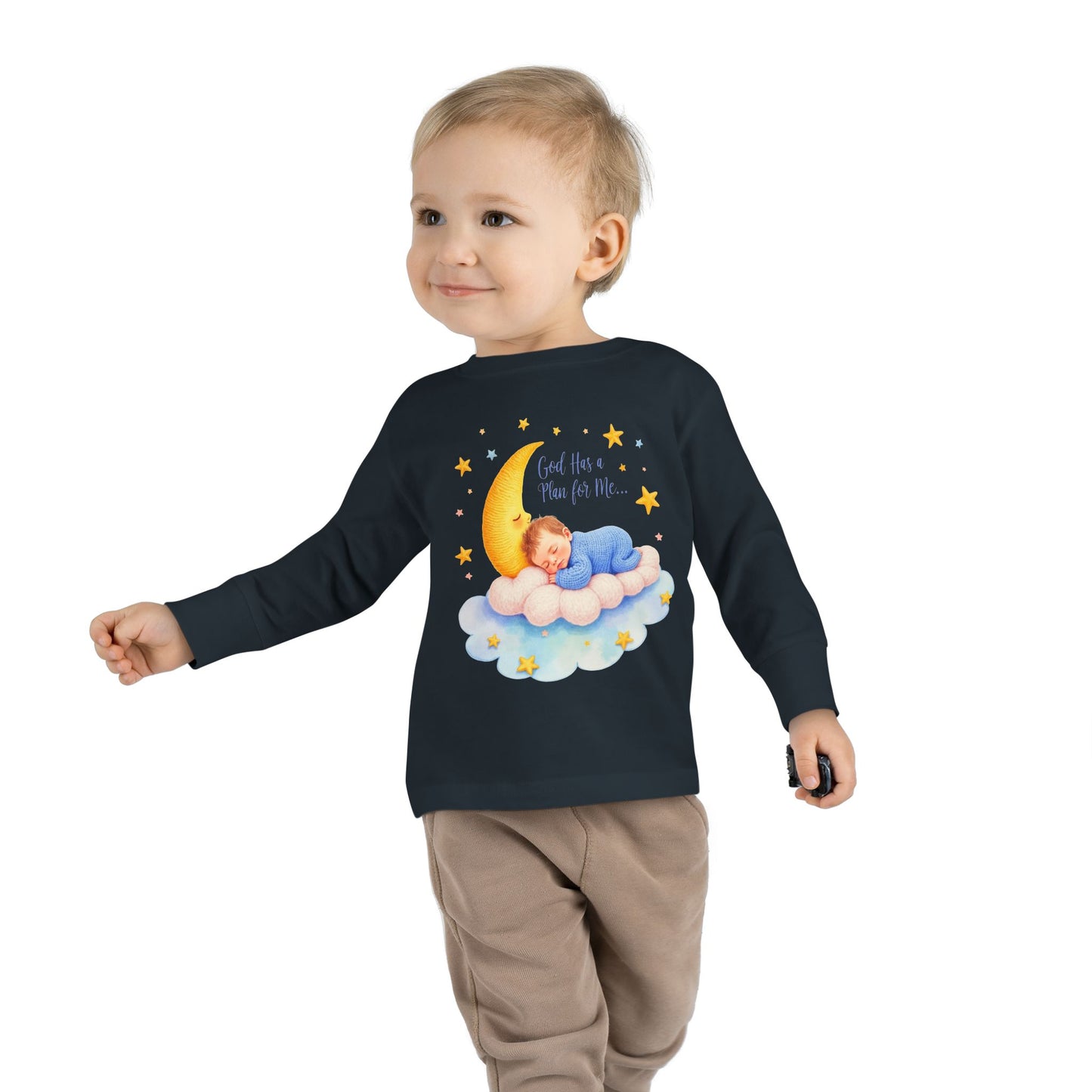 God Has a Plan for Me Toddler Long Sleeve Tee — Sleeping Baby on Moon Cloud