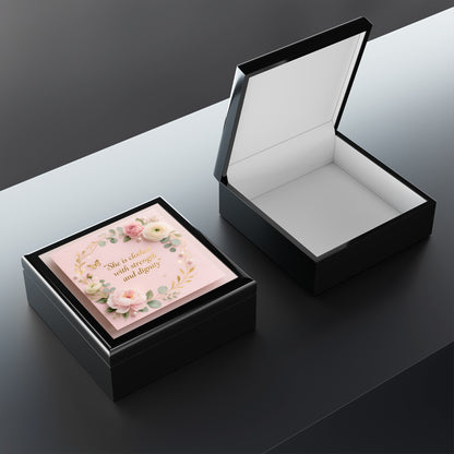 Jewelry Box - Floral Pink Keepsake with Quote “She is clothed with strength and dignity”