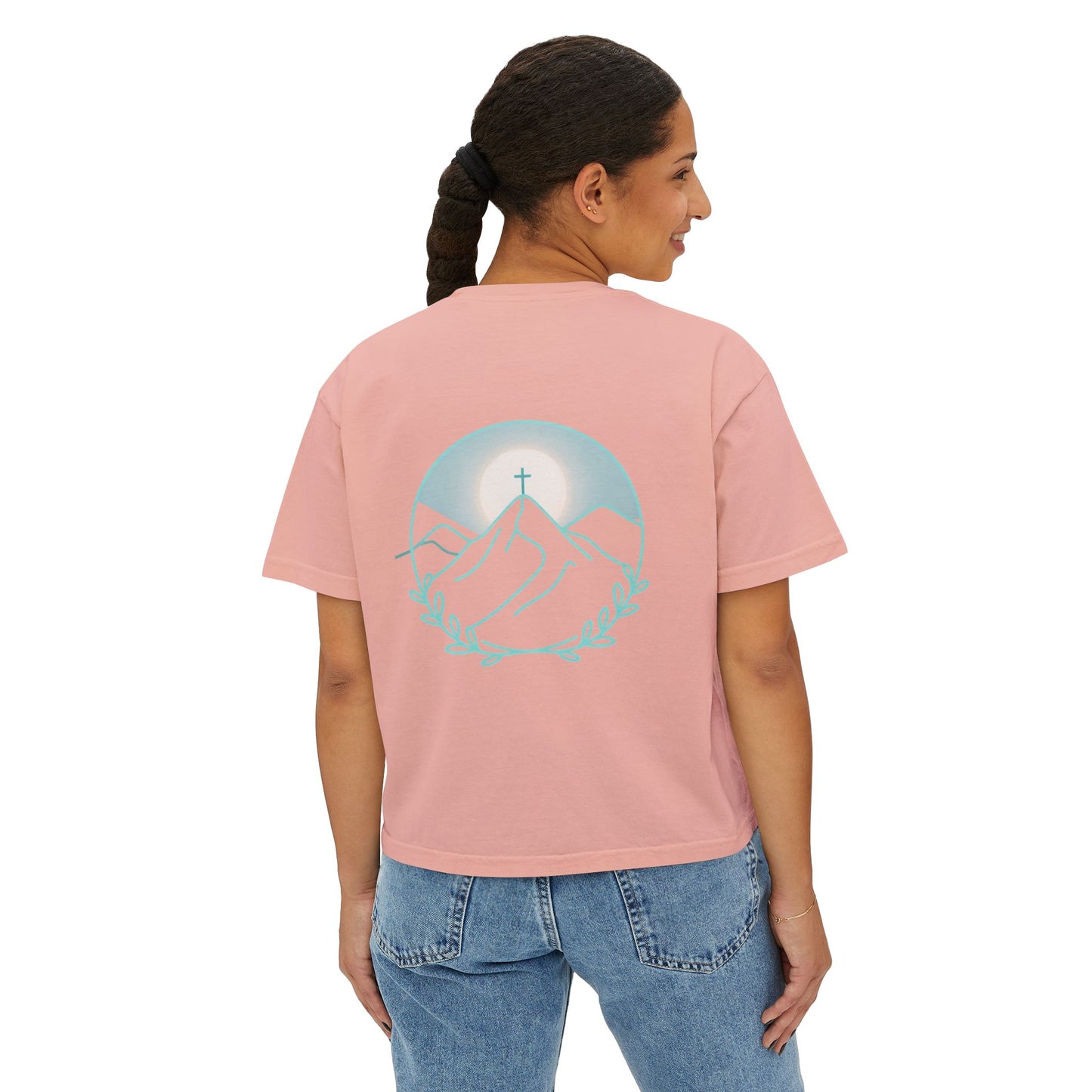 Women's Boxy Tee — Sunrise Mountain Line Art with Laurel (Calm, Faith-Inspired Vintage Tee)
