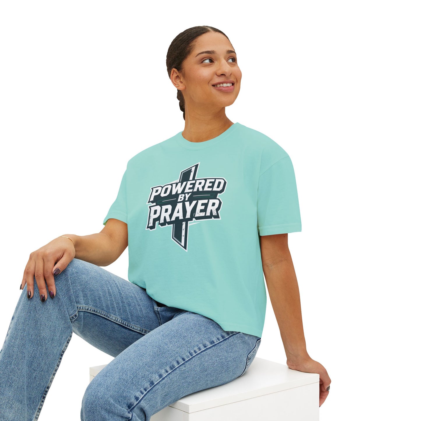 Powered by Prayer Boxy Tee — Women's Christian Graphic Shirt