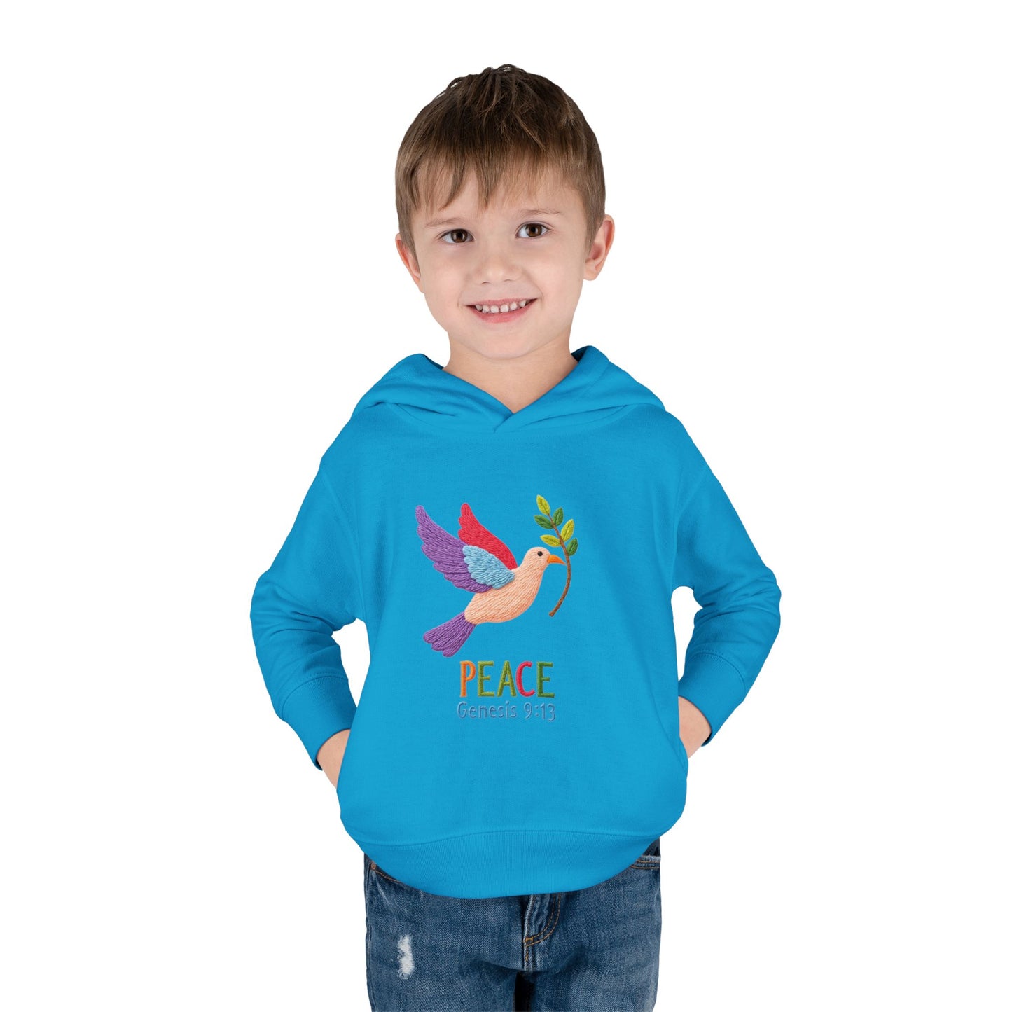 Toddler Hoodie — Colorful Peace Dove with Olive Branch & “PEACE Genesis 9:13”