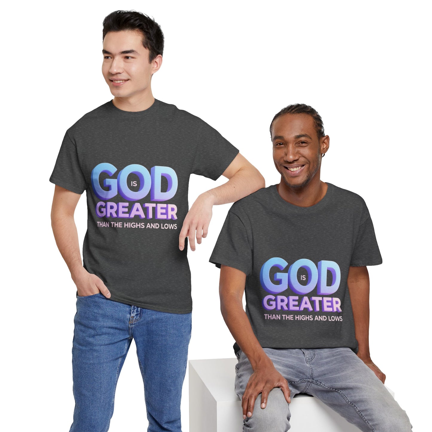 God Greater Gradient Tee — Soft Blue & Lilac Faith Shirt