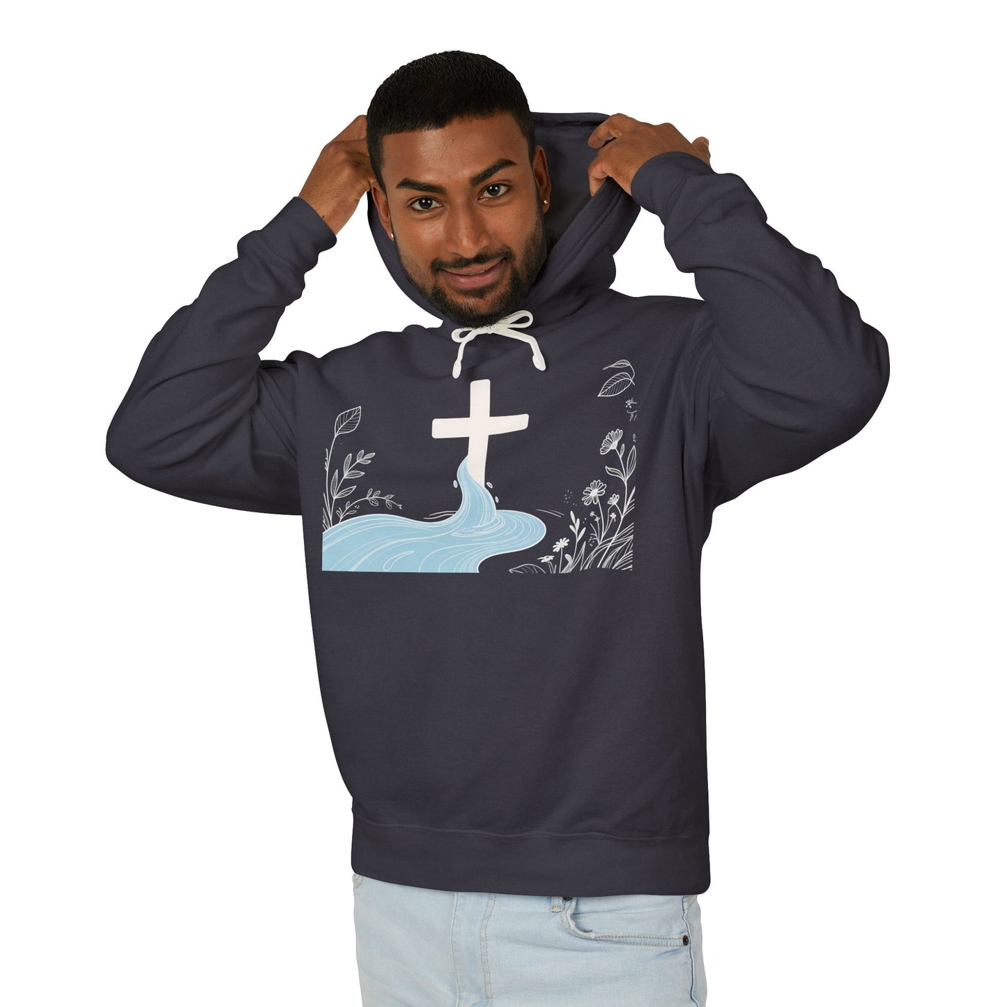 Lightweight Faith Hoodie — Subtle Cross & Stream Design