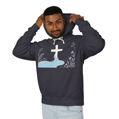 Lightweight Faith Hoodie — Subtle Cross & Stream Design