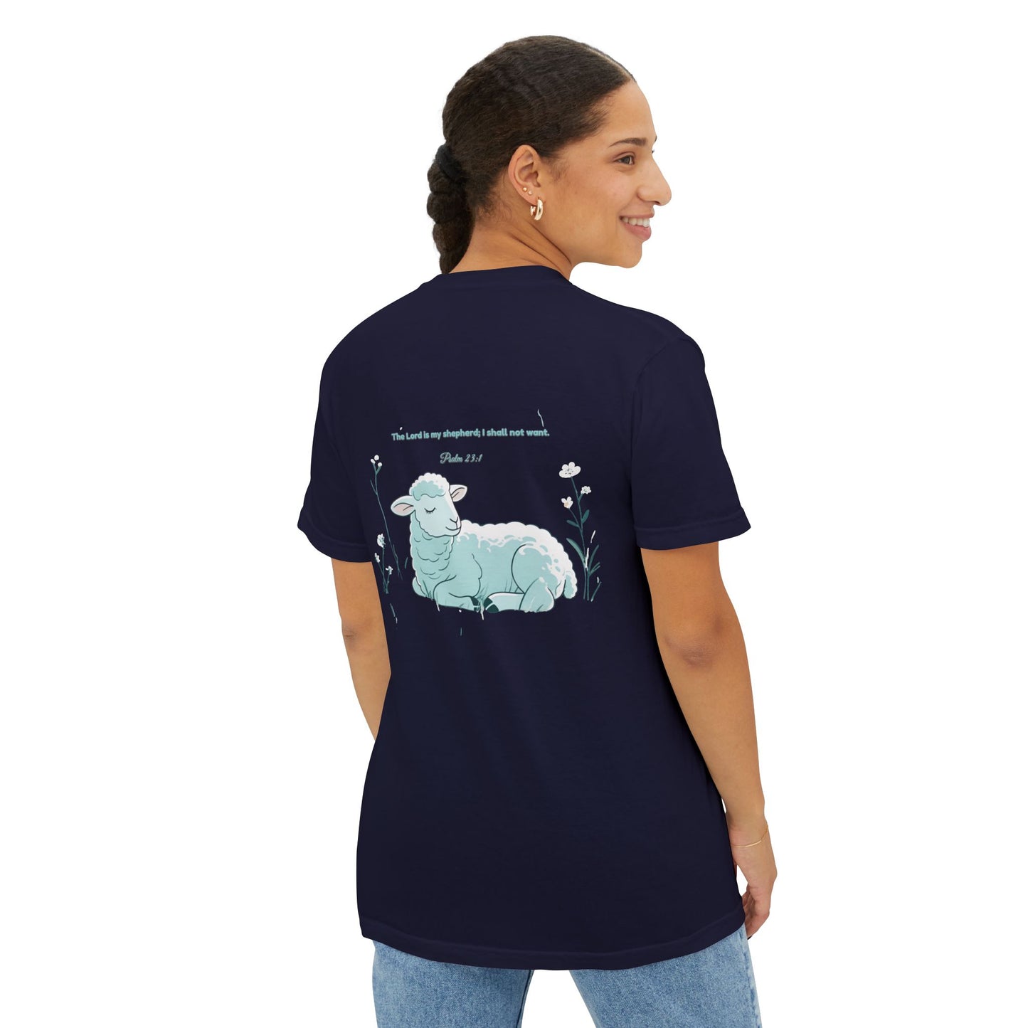 Lamb Rest Pocket T‑Shirt — Vintage Seafoam Pocket Tee with Script Verse