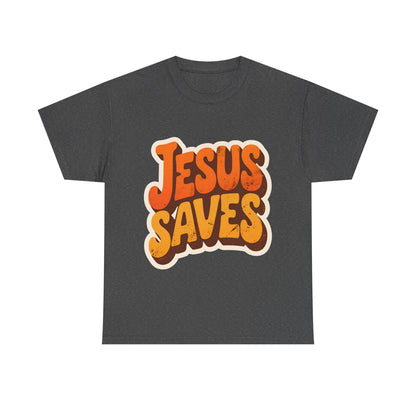 Jesus Saves Retro Tee — Bright Sunset Faith T-Shirt