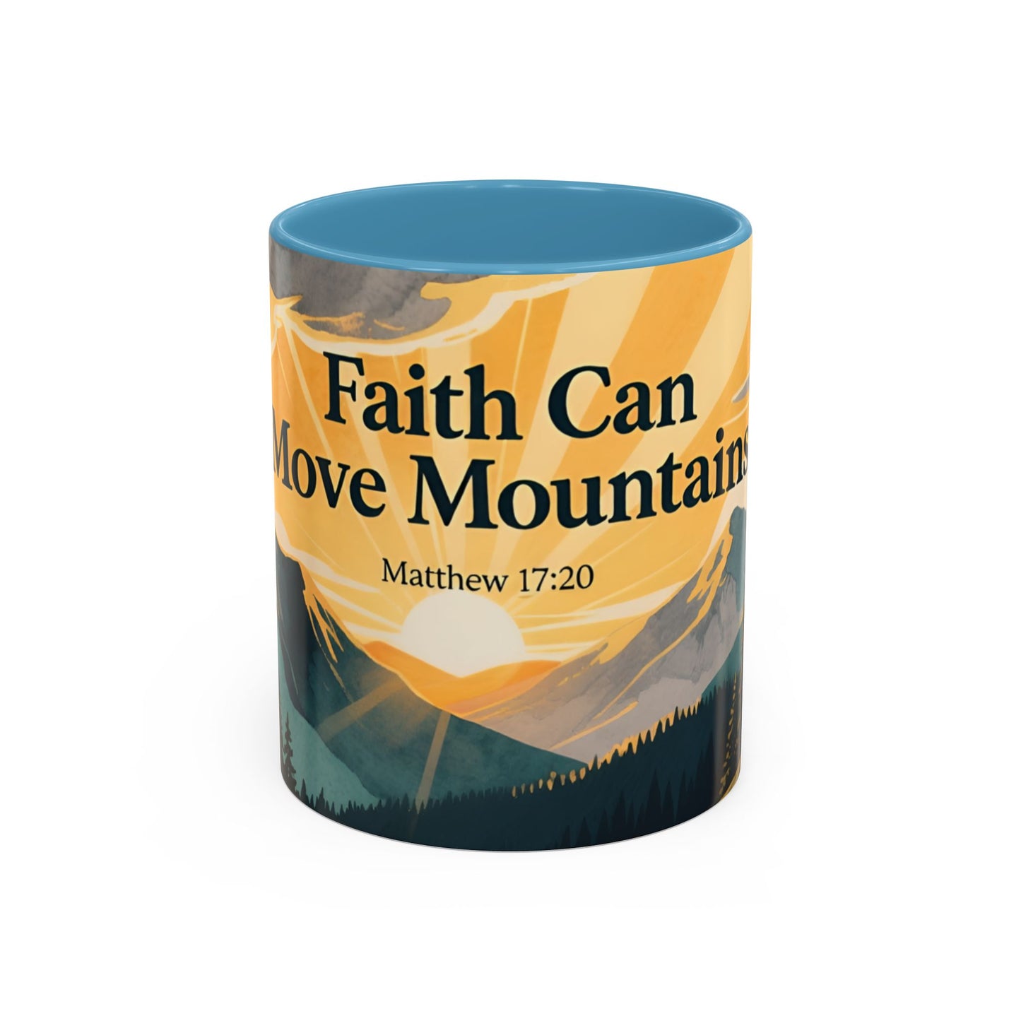 Faith Can Move Mountains Coffee Mug — Matthew 17:20 Inspirational Accent Mug