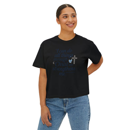 Christian Graphic Boxy Tee — "I Can Do All Things Through Christ" Inspirational Women’s T‑Shirt