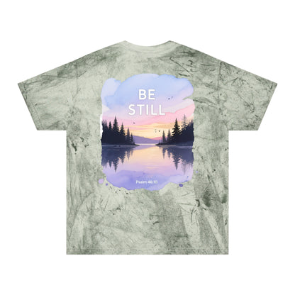 Be Still Scenic T-Shirt — Psalm 46:10 Sunset Lake Tee