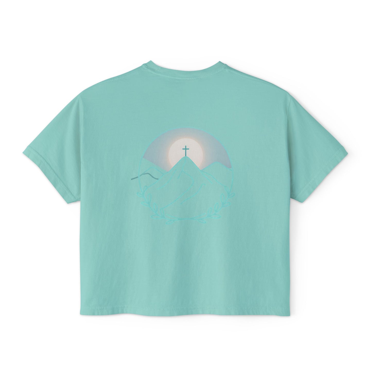 Women's Boxy Tee — Sunrise Mountain Line Art with Laurel (Calm, Faith-Inspired Vintage Tee)