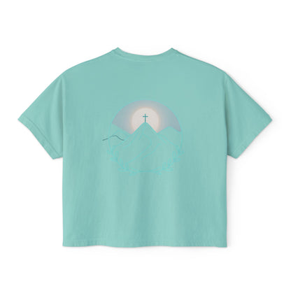 Women's Boxy Tee — Sunrise Mountain Line Art with Laurel (Calm, Faith-Inspired Vintage Tee)