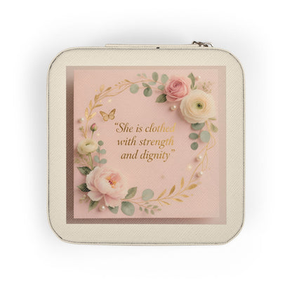 Pink Floral Jewelry Travel Case – Compact Organizer with Ring Rolls & Compartments (She is Strong with Courage and Dignity)