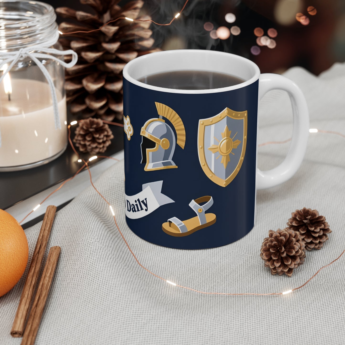 Knight Crest 11oz Mug — 'Quiet Courage' Navy & Gold Ceramic Coffee Cup