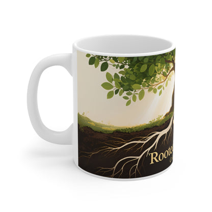Rooted in Christ Mug — Christian Coffee Mug with Tree and Colossians 2:7 Scripture