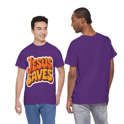 Jesus Saves Retro Tee — Bright Sunset Faith T-Shirt